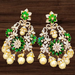 Green Flower AD Diamonds Long Earrings