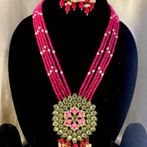 Flower shaped Kundan Green and Pink Necklace set