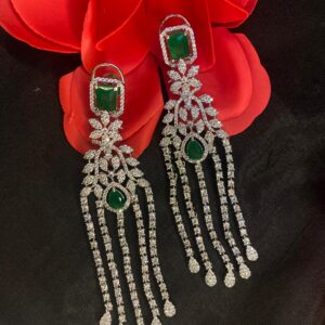 Long Emerald Stone AD Diamond earrings